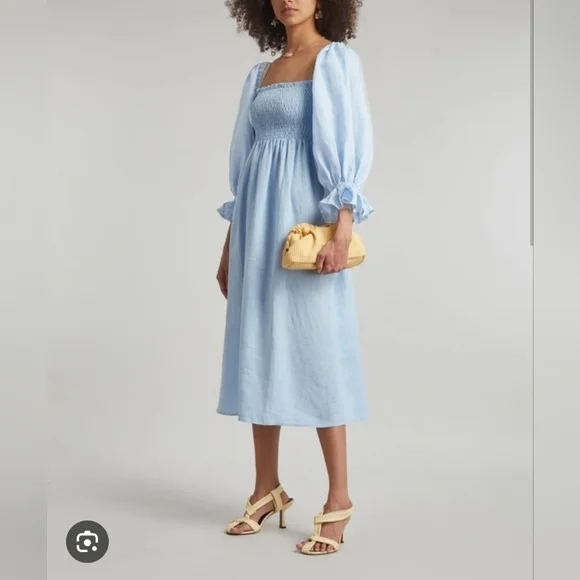 Sleeper 100% linen smocked atlanta dress with puff sleeves, sz s - Picture 11 of 11